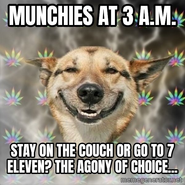 Stoner Dog meme: munchies at 3 a.m. / stay on the couch or go to 7 eleven? The agony of choice...