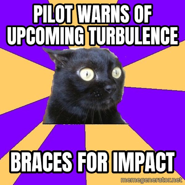Anxiety Cat meme: pilot warns of upcoming turbulence / braces for impact