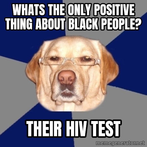 Racist Dog meme: whATS THE ONLY POSITIVE THING ABOUT BLACK PEOPLE? / THEIR hiv TEST