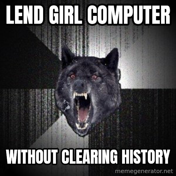 Insanity Wolf meme: LEND GIRL COMPUTER / WITHOUT CLEARING HISTORY