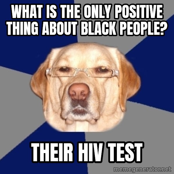 Racist Dog meme: WhAT iS THE ONLY POSITIVE THING ABOUT BLACK PEOPLE? / THEIR hiv TEST