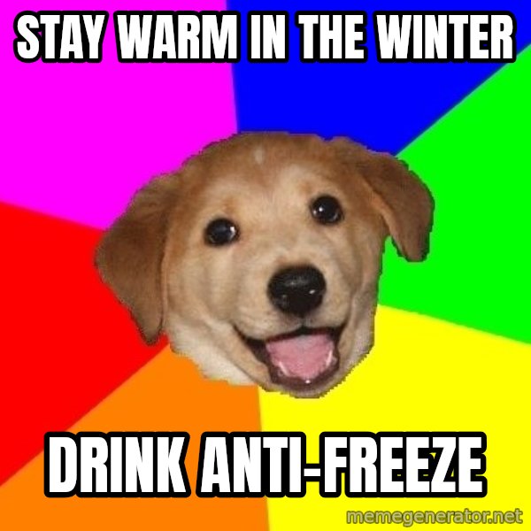 Advice Dog meme: stay warm in the winter / drink anti-freeze