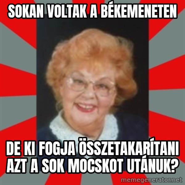 szoci nyugdíjas meme: sokan voltak a békemeneten / de ki fogja összetakarítani azt a sok mocskot utánuk?