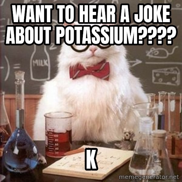 Chemistry Cat meme: want to hear a joke about Potassium???? / K