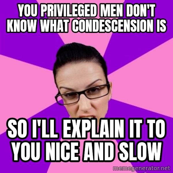 Privilege Denying Feminist meme: you privileged men don't know what condescension is / so I'll explain it to you nice and slow