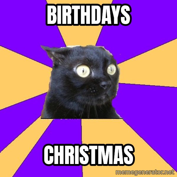 Anxiety Cat meme: birthdays / christmas