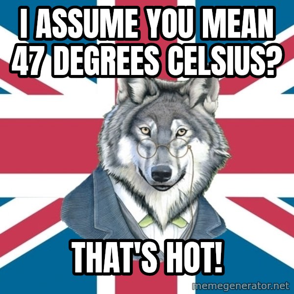 Sir Courage Wolf Esquire meme: i ASSUME YOU MEAN 47 DEGREES CELSIUS? / THAT'S HOT!