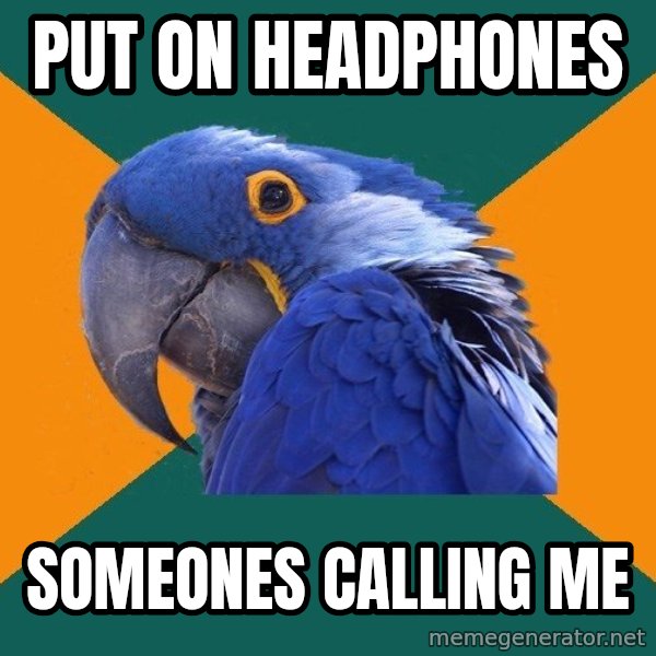 Paranoid Parrot meme: put on headphones / someones calling me