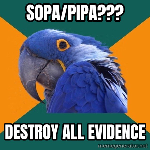 Paranoid Parrot meme: SOPA/PIPA??? / DESTROY ALL EVIDENCE