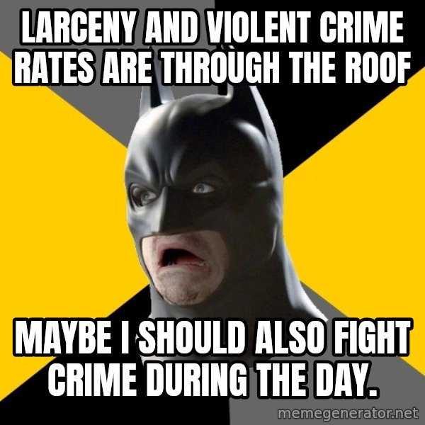 Bad Factman meme: larceny and violent crime rates are through the roof / maybe i should also fight crime during the day.