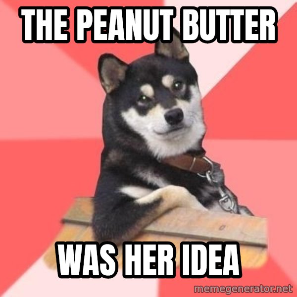 Cool Dog meme: The peanut butter / Was her idea
