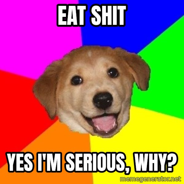 Advice Dog meme: EAt shit / yes i'm serious, why?