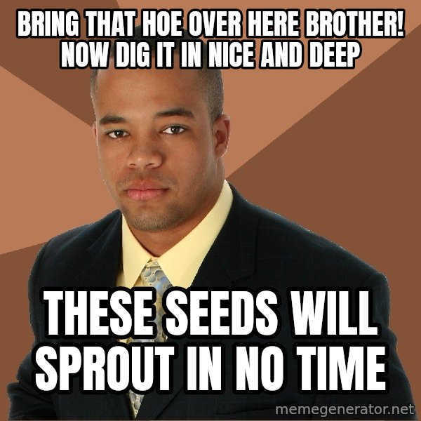 Successful Black Man meme: bring that hoe over here brother! now dig it in nice and deep / these seeds will sprout in no time