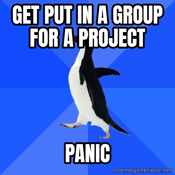 Socially Awkward Penguin meme: get put in a group for a project / panic