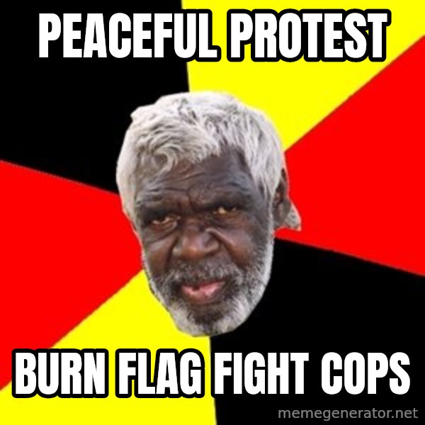 Aboriginal meme: peaceful protest / burn flag fight cops