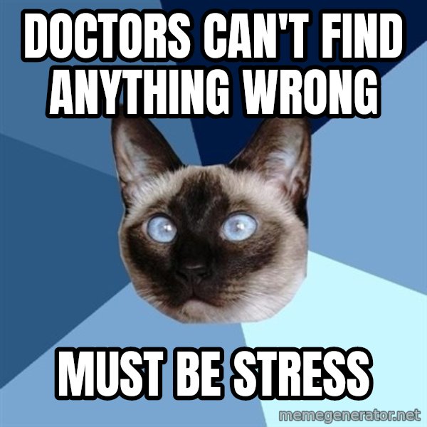 Chronic Illness Cat meme: Doctors can't find anything wrong / must be stress