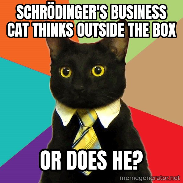 Business Cat meme: Schrödinger's BUSINESS cat THINKS OUTSIDE THE BOX / OR DOES HE?