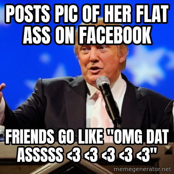 Annoying Facebook Girl meme: posts pic of her flat ass on facebook / Friends go like "omg dat asssss <3 <3 <3 <3 <3"