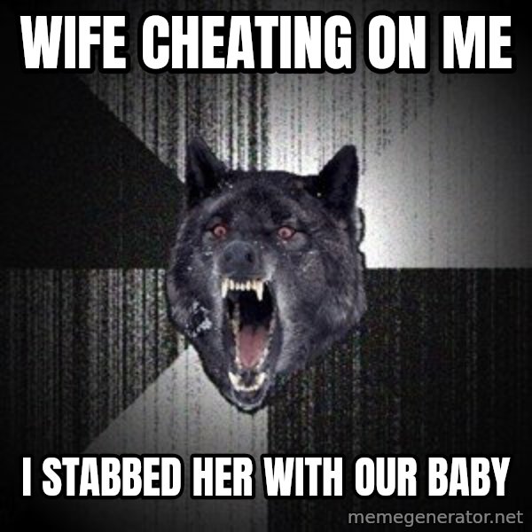 Insanity Wolf meme: wife cheating on me / i stabbed her with our baby