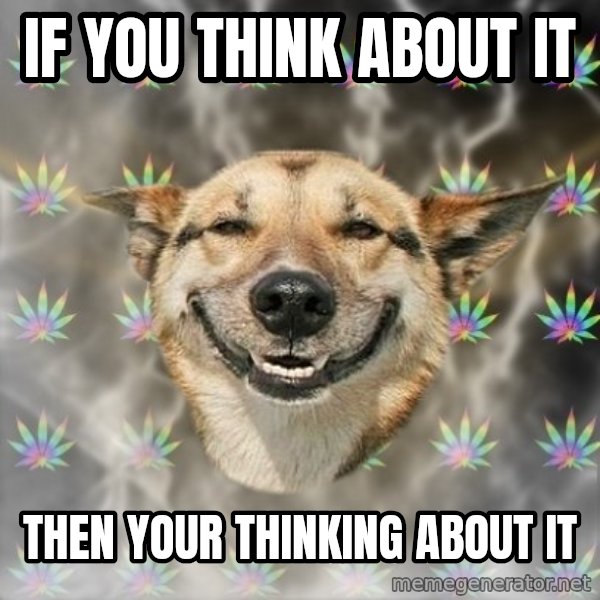 Stoner Dog meme: if you think about it / then your thinking about it