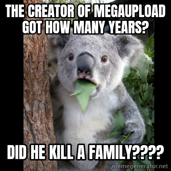 Koala can't believe it meme: the creator of megaupload got how many years? / did he kill a family????