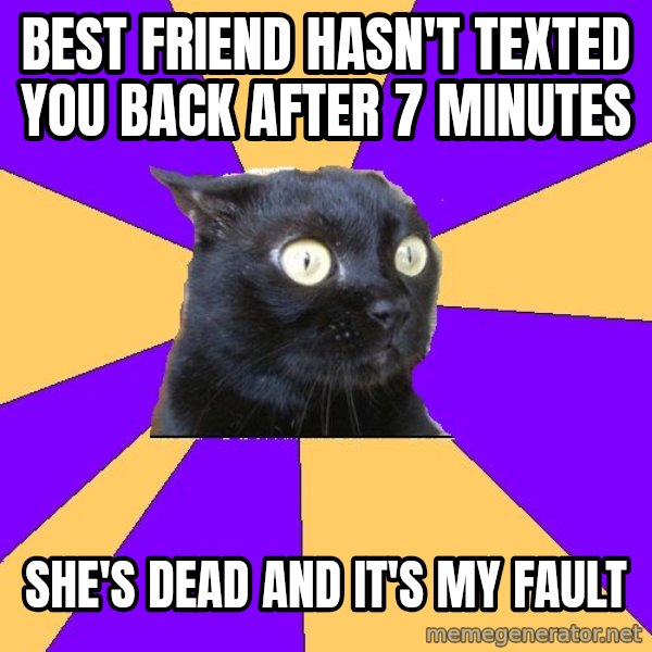 Anxiety Cat meme: BEST FRIEND HASN'T TEXTED YOU BACK AFTER 7 MINUTES / SHE'S DEAD and it's my fault