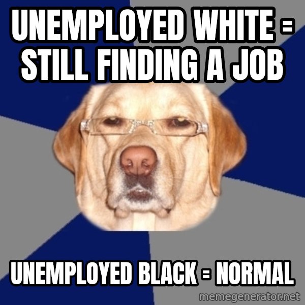 Racist Dawg meme: UNEMPLOYED WHITE = STILL FINDING A JOB / UNEMPLOYED BLACK = NORMAL