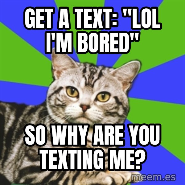 Introvert Cat meme: Get a text: "lol i'm bored" / so why are you texting me?