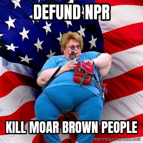 Obese American meme: DEFUND NPR / KILL MOAR BROWN PEOPLE