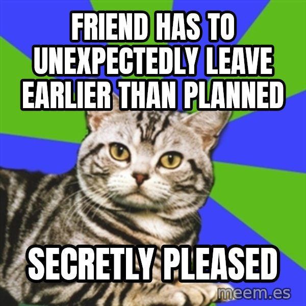 Introvert Cat meme: Friend has to unexpectedly leave earlier than planned / secretly pleased