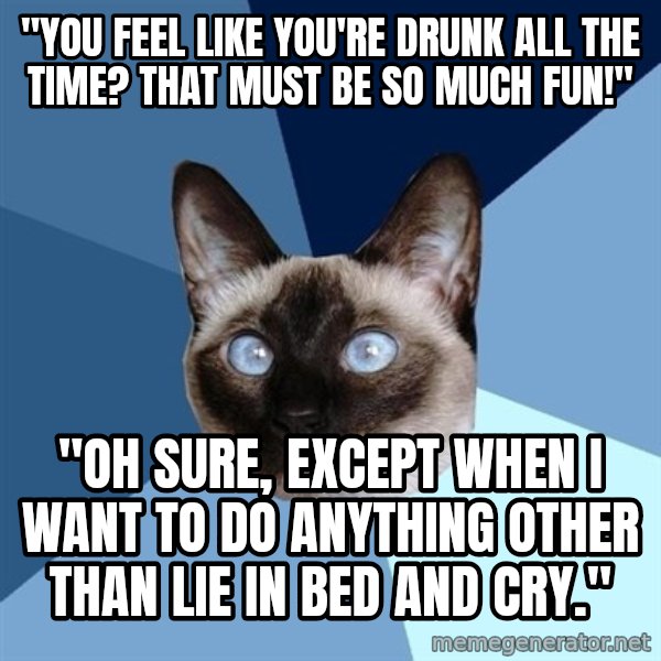 Chronic Illness Cat meme: "YOU FEEL LIKE YOU'RE DRUNK ALL THE TIME? THAT MUST BE SO MUCH FUN!" / "OH SURE, EXCEPT WHEN I WANT TO DO ANYTHING OTHER THAN LIE IN BED AND CRY."