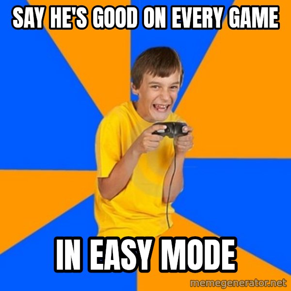 Annoying Gamer Kid meme: say he's good on every game / in easy mode