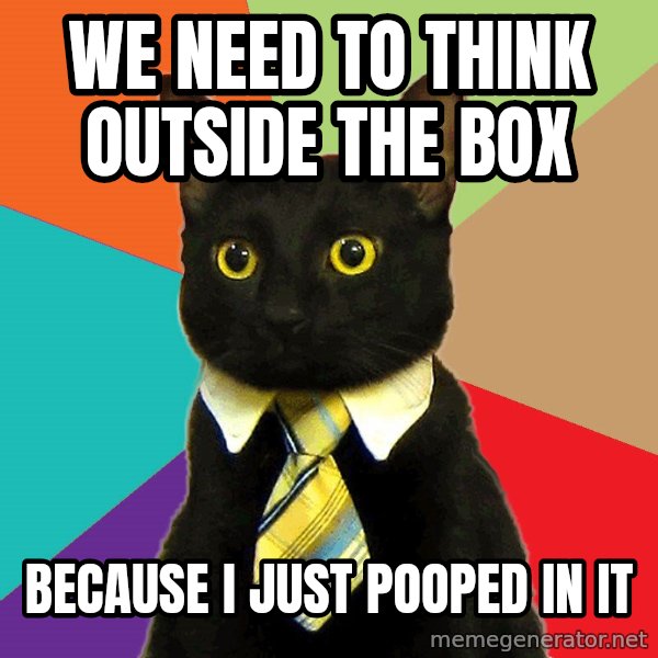 Business Cat meme: We need to think outside the box / Because I just pooped in it