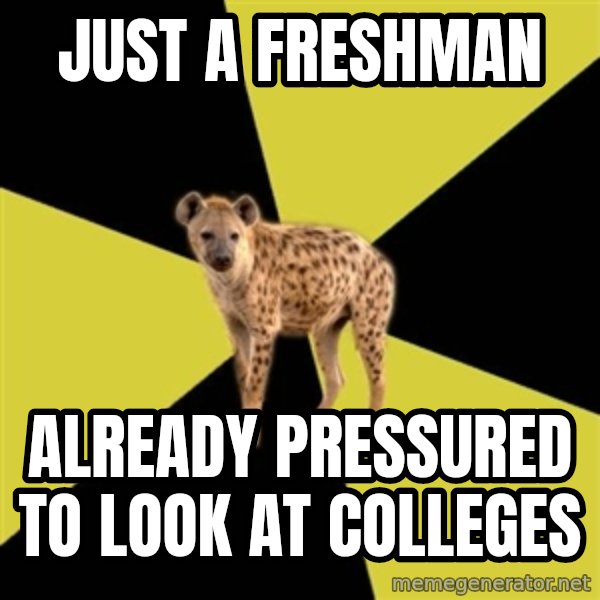 High School Hyena meme: Just a freshman / Already pressured to look at colleges