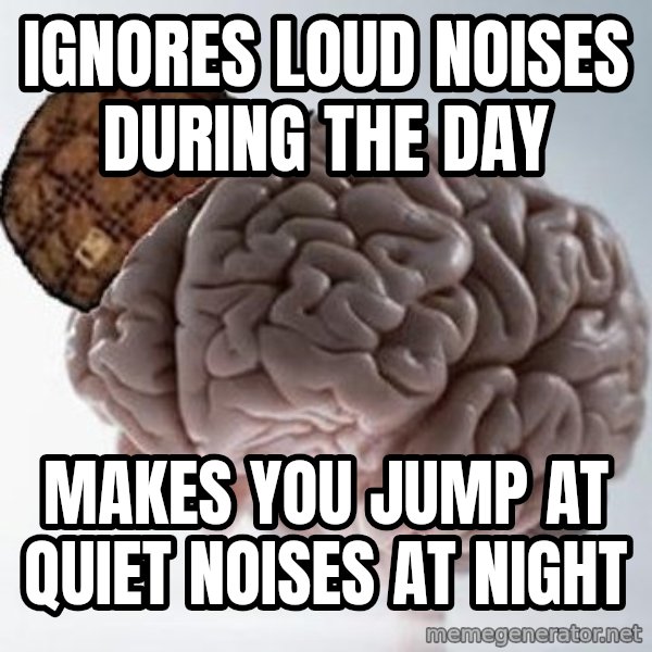 Scumbag Brain meme: ignores loud noises during the day / makes you jump at quiet noises at night