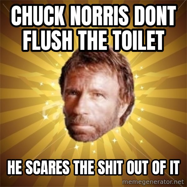 Chuck Norris Advice meme: Chuck Norris dont Flush the Toilet / He scares the shit out of it