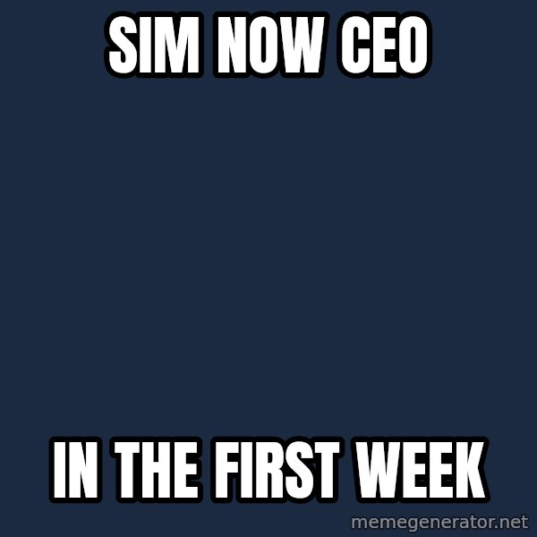 Sims meme: sim now ceo / in the first week