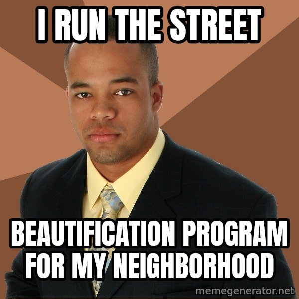 Successful Black Man meme: I RuN the street / beautification program for my neighborhood