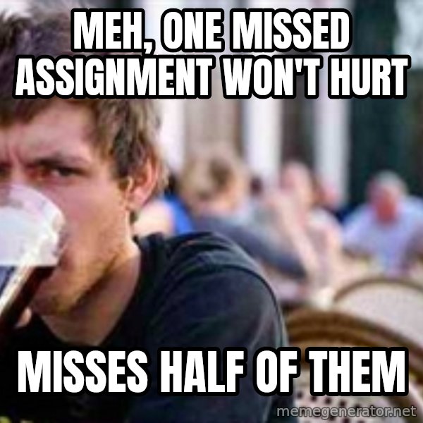 The Lazy College Senior meme: Meh, one missed assignment won't hurt / misses half of them