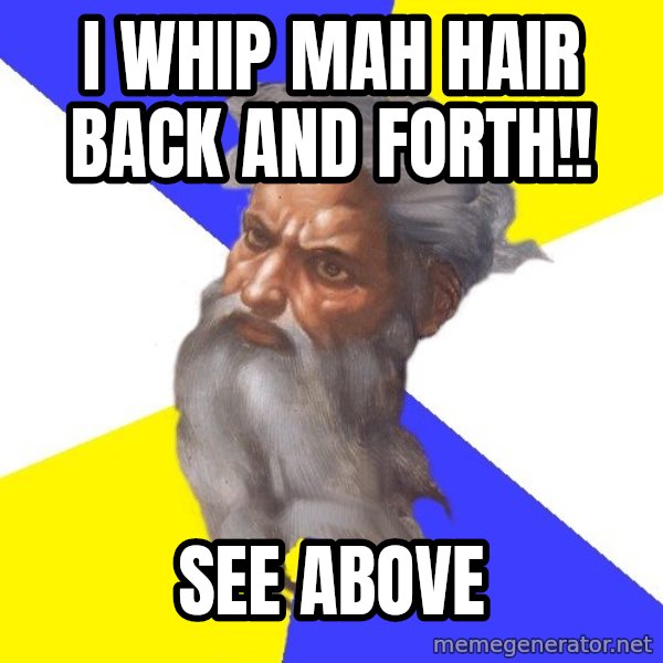 God meme: I wHIP mah hair back and forth!! / see above