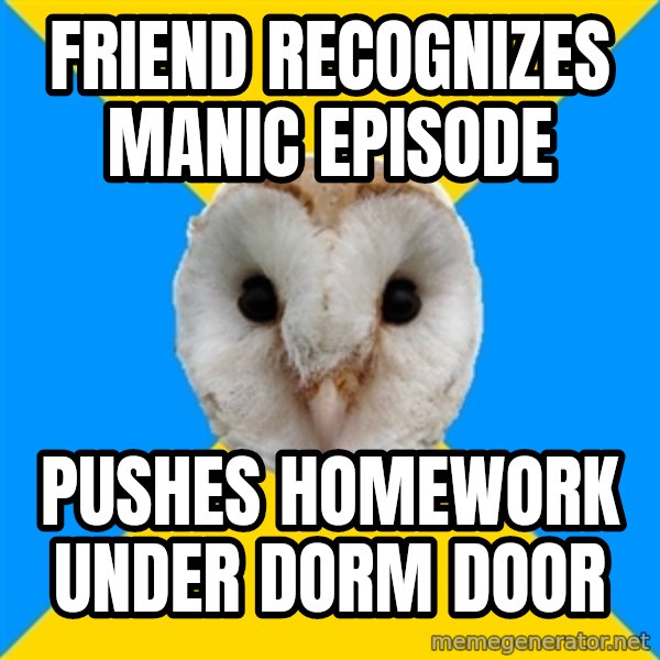 Bipolar Owl meme: friend recognizes manic episode / pushes homework under dorm door