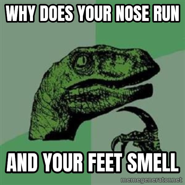 Philosoraptor meme: why does your nose run / and your feet smell