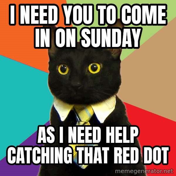 Business Cat meme: i need you to come in on sunday / as i need help catching that red dot