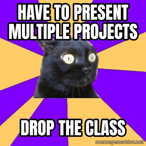 Anxiety Cat meme: Have to present multiple projects / drop the class