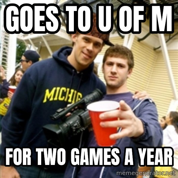 Scumbag Pre Gaming With Pat meme: Goes to u of m / for two games a year