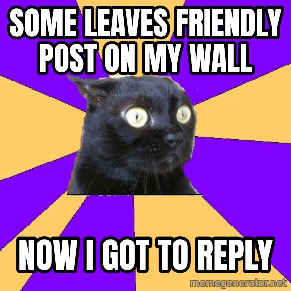 Anxiety Cat meme: some leaves friendly post on my wall / now i got to reply