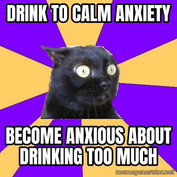 Anxiety Cat meme: DRINK to calm anxiety / become anxious about drinking too much