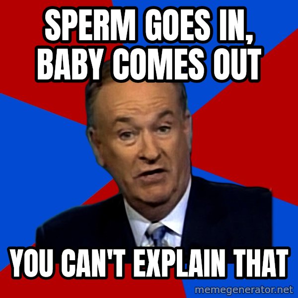 Bill O'Reilly Proves God meme: sperm goes in, baby comes out / you can't explain that