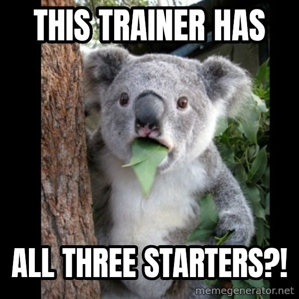 Koala can't believe it meme: this trainer has / all three starters?!