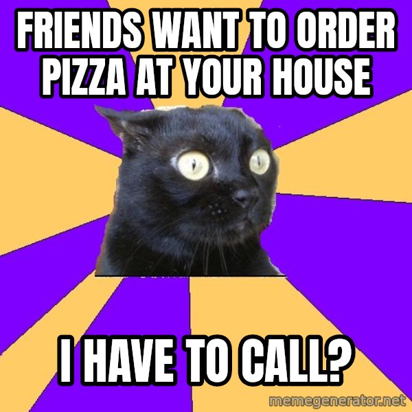 Anxiety Cat meme: friends want to order pizza at your house / i have to call?